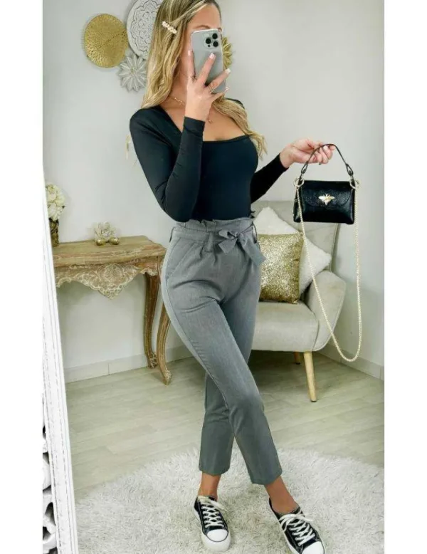 My Look Féminin pantalon gris classique ceinture à nouer Best