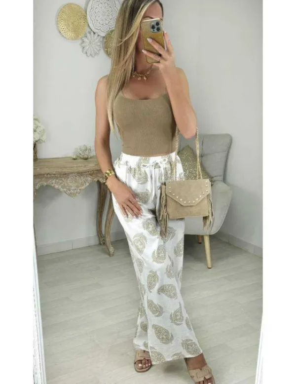 My Look Féminin pantalon léger style lin motifs camel Best