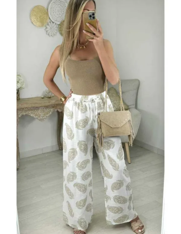 My Look Féminin pantalon léger style lin motifs camel Best