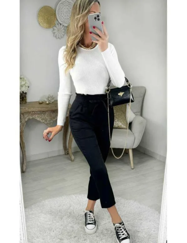 My Look Féminin pantalon noir classique ceinture à nouer Hot