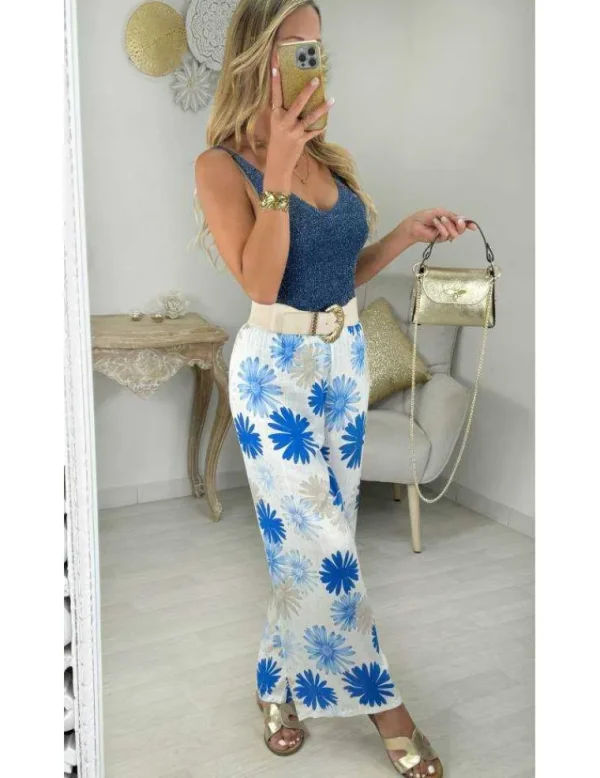 My Look Féminin pantalon style lin fleurs bleues Discount