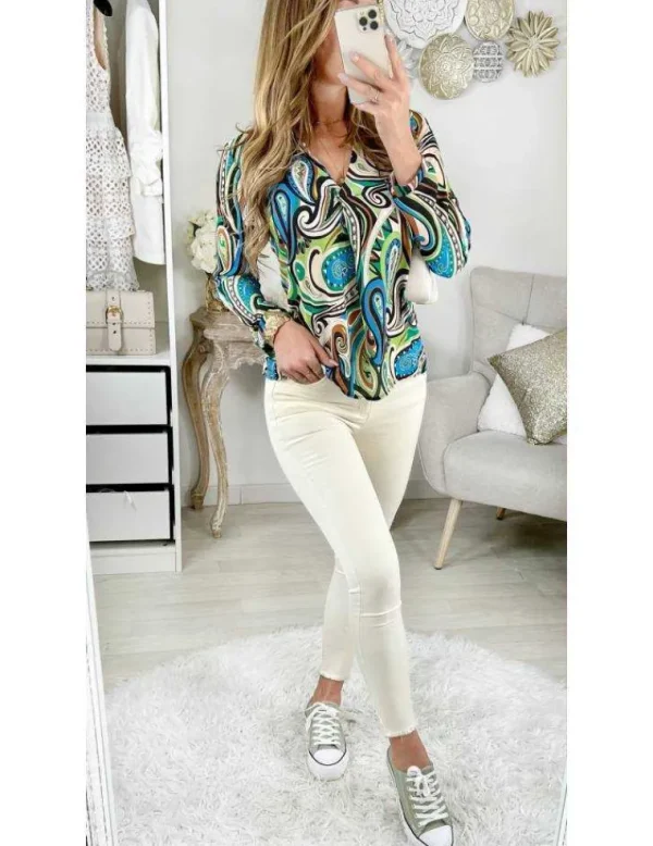 My Look Féminin Petite Blouse imprimée Green Vintage" New