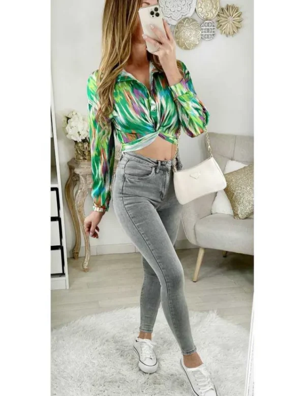 My Look Féminin Petite Blouse imprimée "Green Paint colors" & bas noué Hot