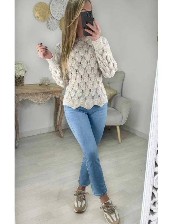 My Look Féminin Pull beige en maille ajouré Outlet
