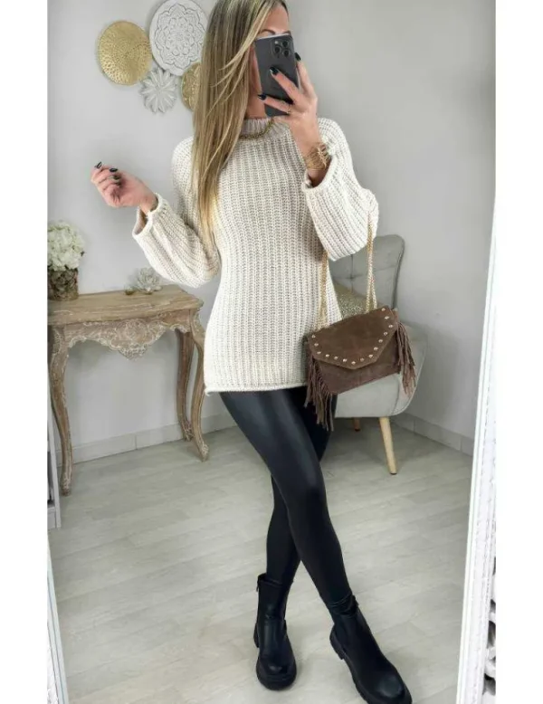 My Look Féminin Pull beige long en maille épaisse Outlet