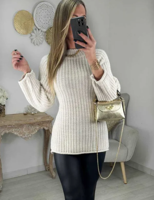 My Look Féminin Pull beige long en maille épaisse Outlet