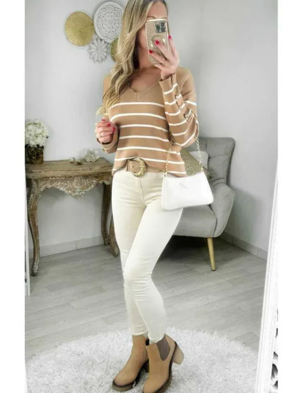My Look Féminin pull caramel style marinière & boutons dorés Clearance