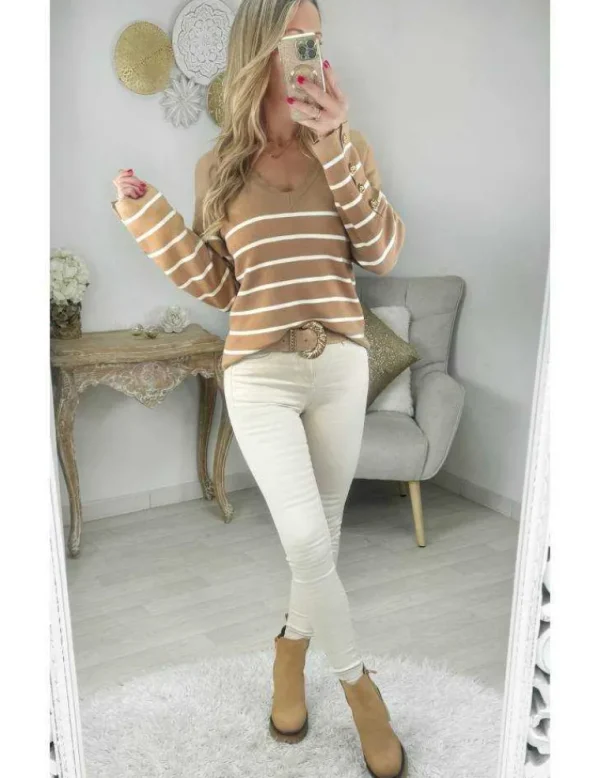 My Look Féminin pull caramel style marinière & boutons dorés Clearance