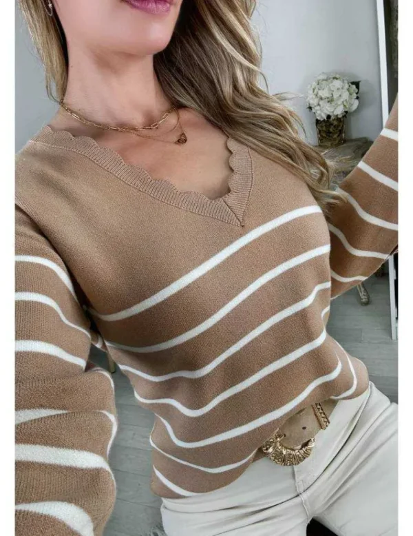 My Look Féminin pull caramel style marinière & boutons dorés Clearance