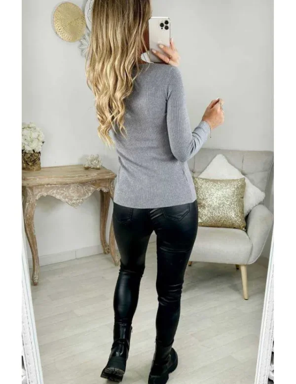 My Look Féminin Pull côtelé gris col festonné Best