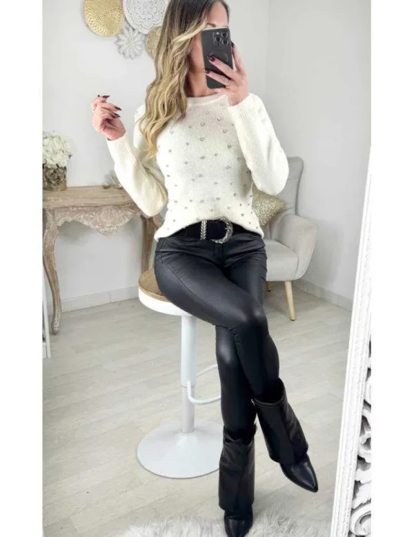 My Look Féminin Pull en lainage beige & strass Hot
