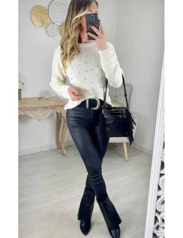 My Look Féminin Pull en lainage beige & strass Hot