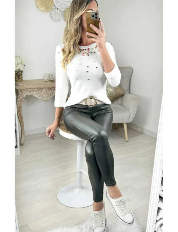 My Look Féminin pull en maille blanc col perles Best