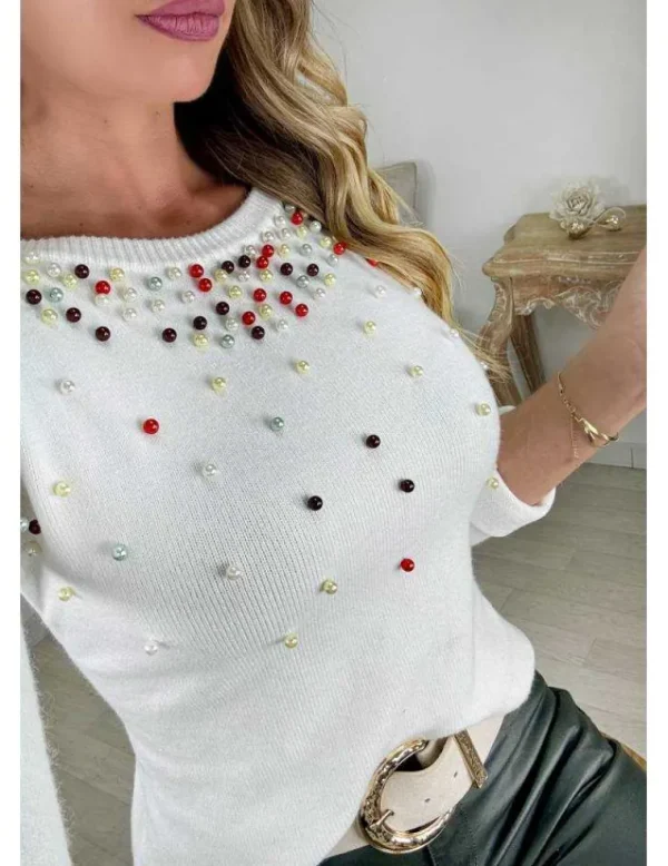 My Look Féminin pull en maille blanc col perles Best