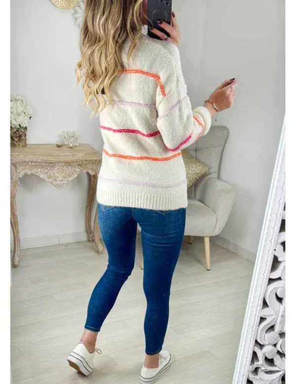 My Look Féminin Pull en maille blanc rayé pastel New