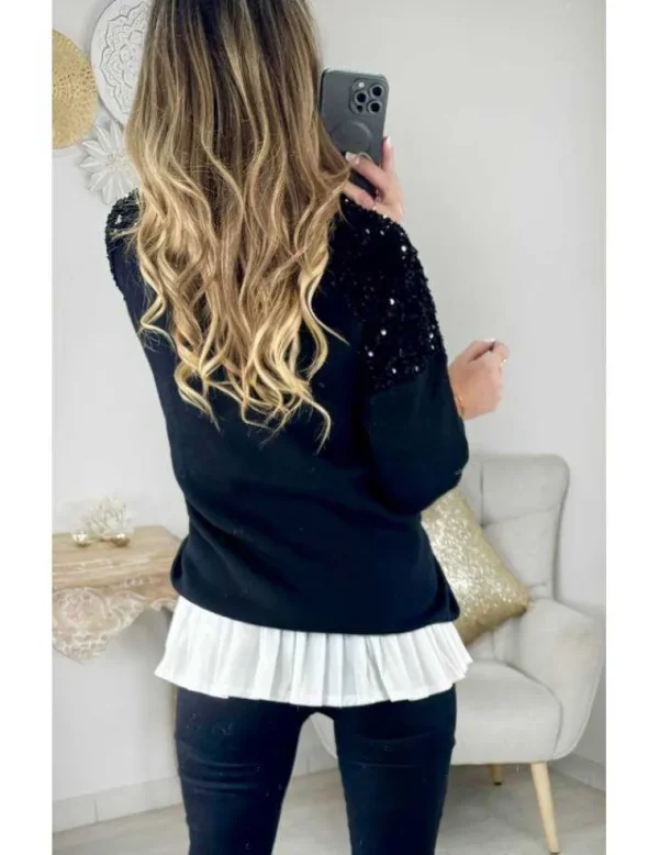 My Look Féminin Pull en maille noir et sequins Best