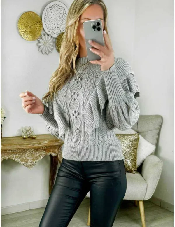 My Look Féminin pull gris volants & pompons Best