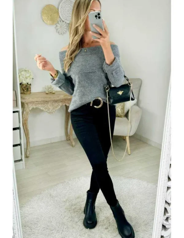 My Look Féminin pull porté épaules gris Discount