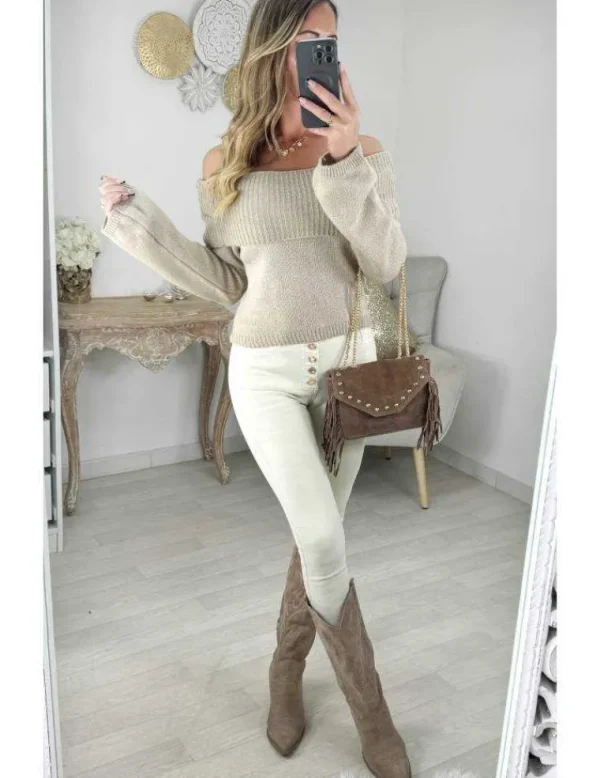 My Look Féminin Pull taupe col bateau New