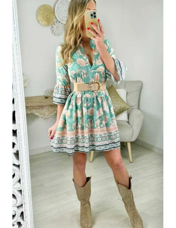 My Look Féminin robe ample & volants motifs verts et beige orangé New