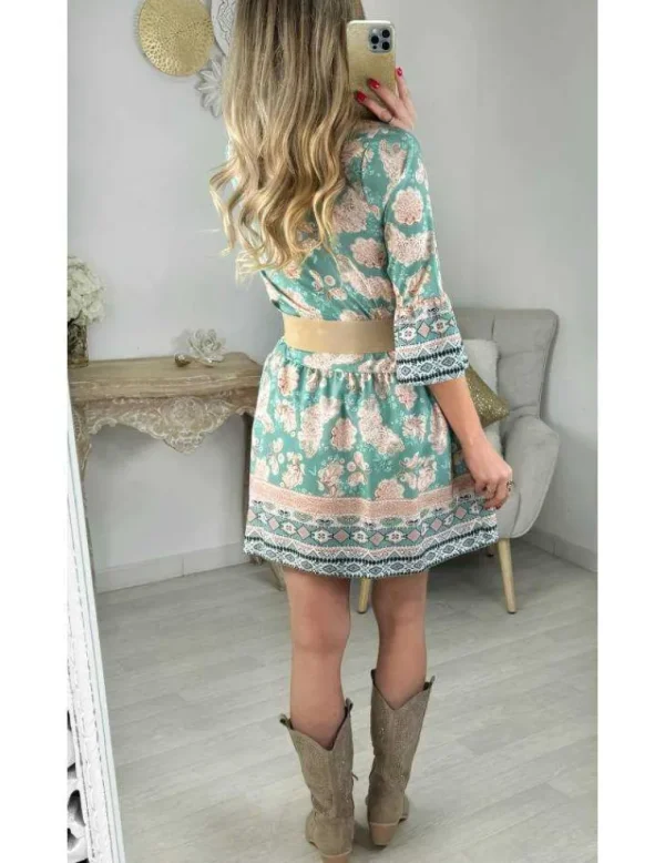 My Look Féminin robe ample & volants motifs verts et beige orangé New