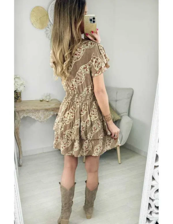 My Look Féminin robe camel taille smockée motifs terraccota Fashion