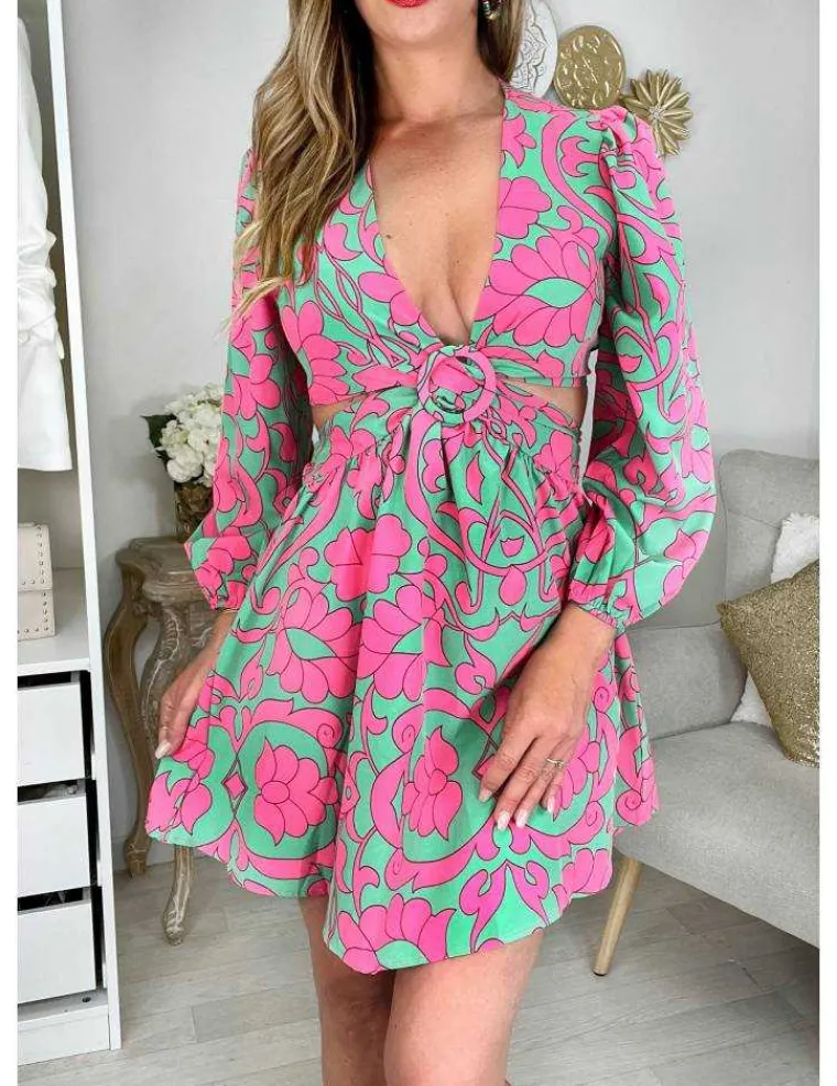 robe_droite__femme_cut_ou_0.webp My Look Féminin Robe droite Femme cut out motif rose et vert, tendance et chic Sale