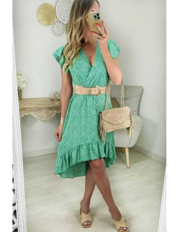 My Look Féminin robe fleurie mi-longue verte & asymétrique Best