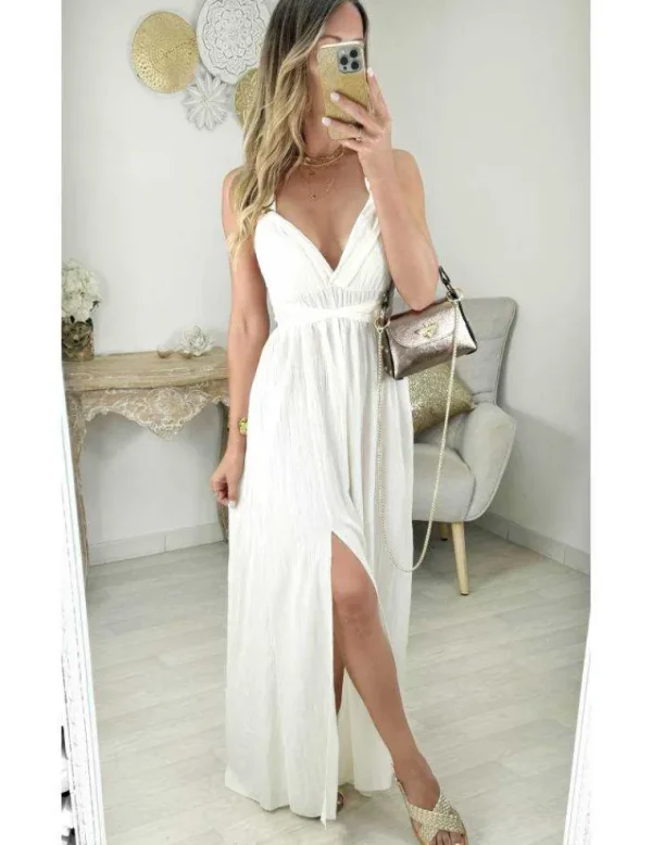 My Look Féminin robe longue blanc cassé & fendue style lin Outlet