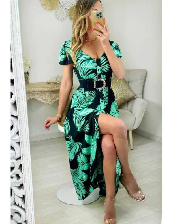 My Look Féminin robe longue boutonnée motifs verts et noirs Clearance