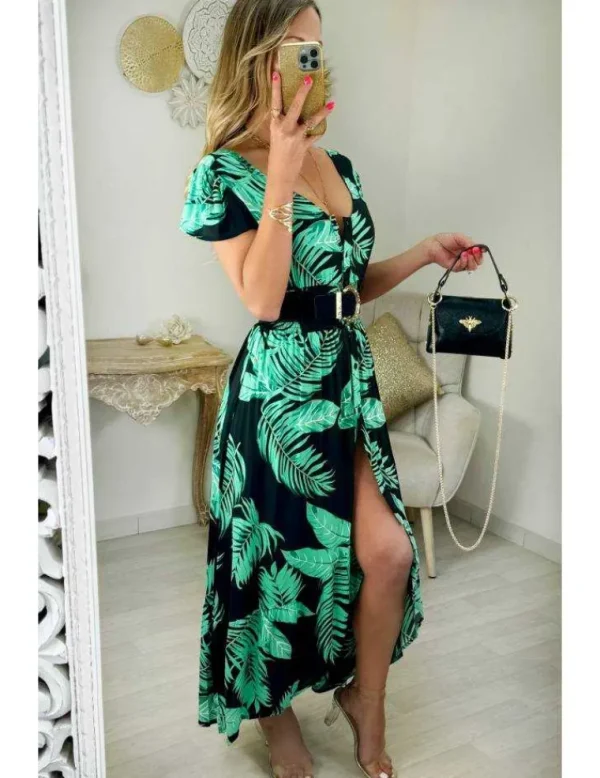 My Look Féminin robe longue boutonnée motifs verts et noirs Clearance