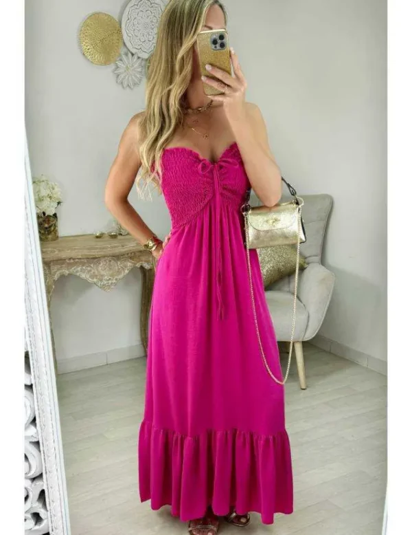My Look Féminin robe longue bustier smocké fuchsia Clearance