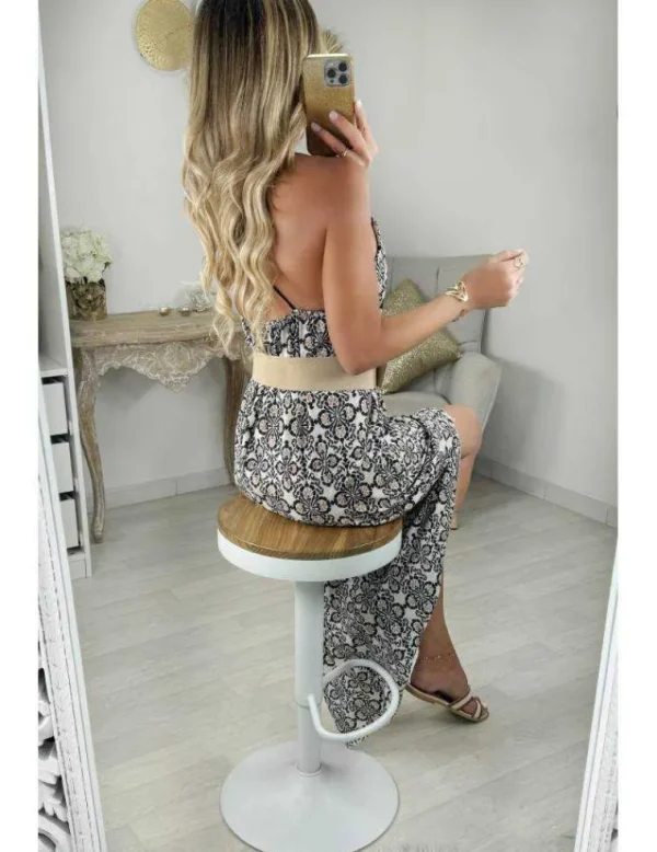 My Look Féminin robe longue fendue motifs noirs & caramel Online