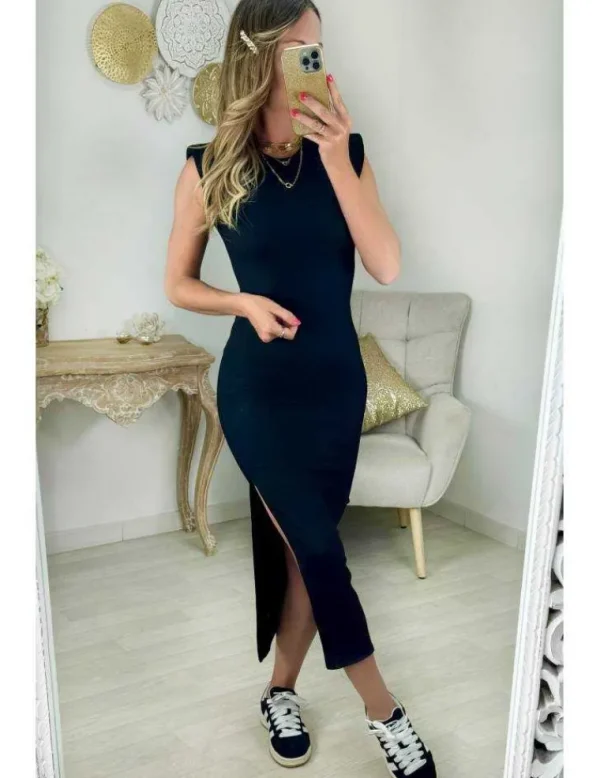 My Look Féminin robe longue fendue noire & épaulée New