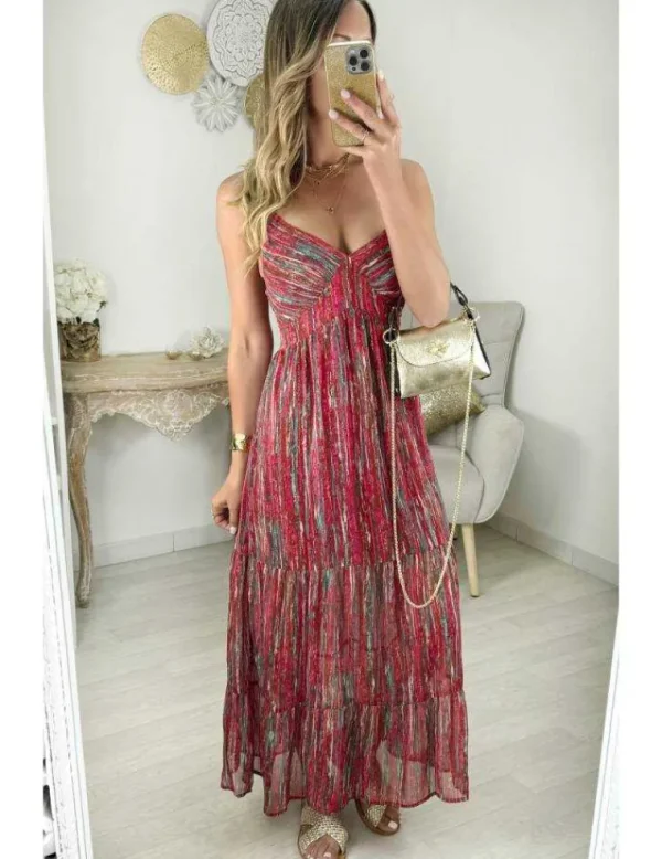 My Look Féminin robe longue motifs rouges et kaki Outlet