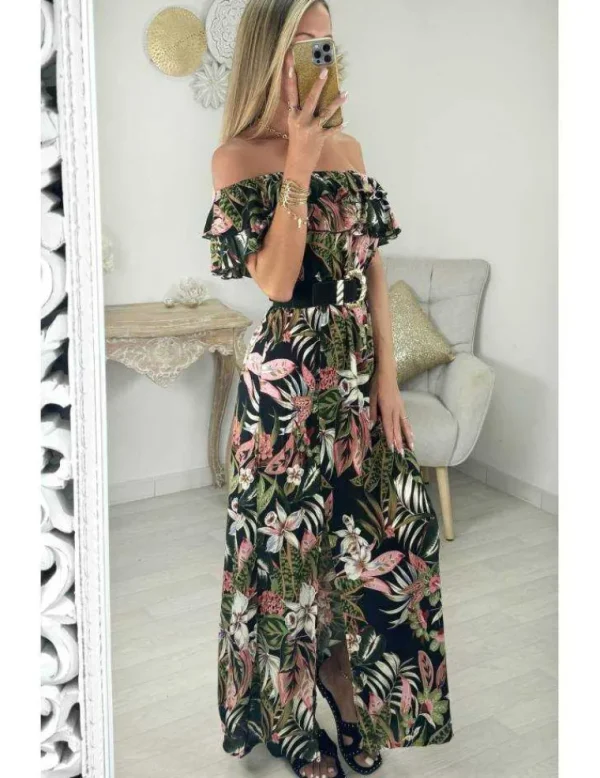 My Look Féminin Robe longue noire motifs jungle Discount