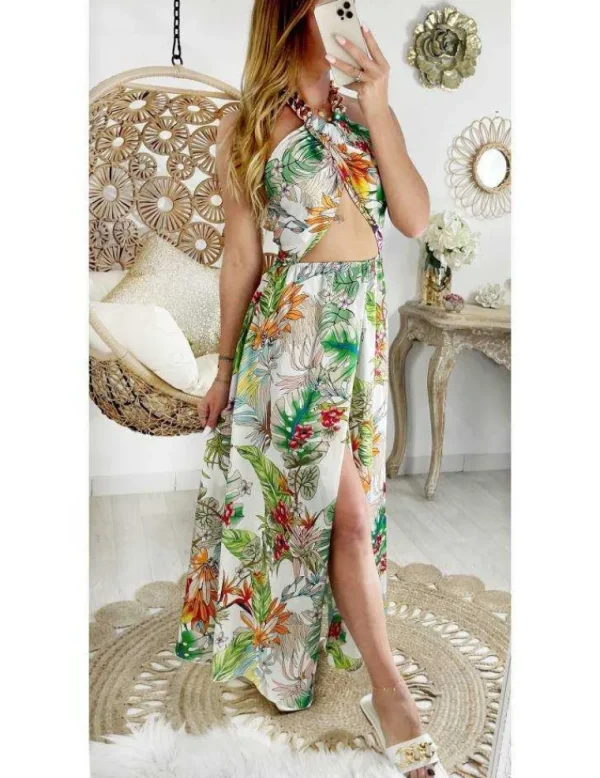 My Look Féminin Robe longue satiné fendue tropicale et dos nu Hot