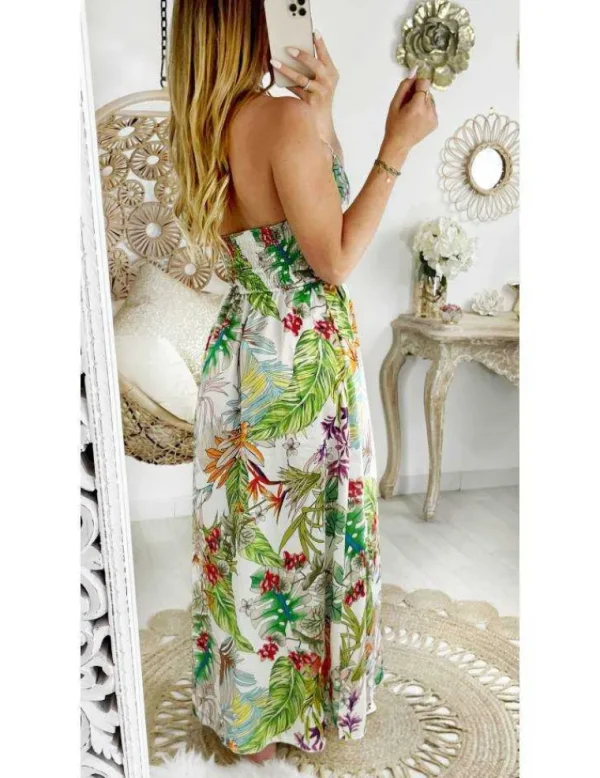 My Look Féminin Robe longue satiné fendue tropicale et dos nu Hot