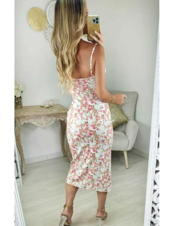 My Look Féminin robe style lycra fleurs rose col dentelle Sale