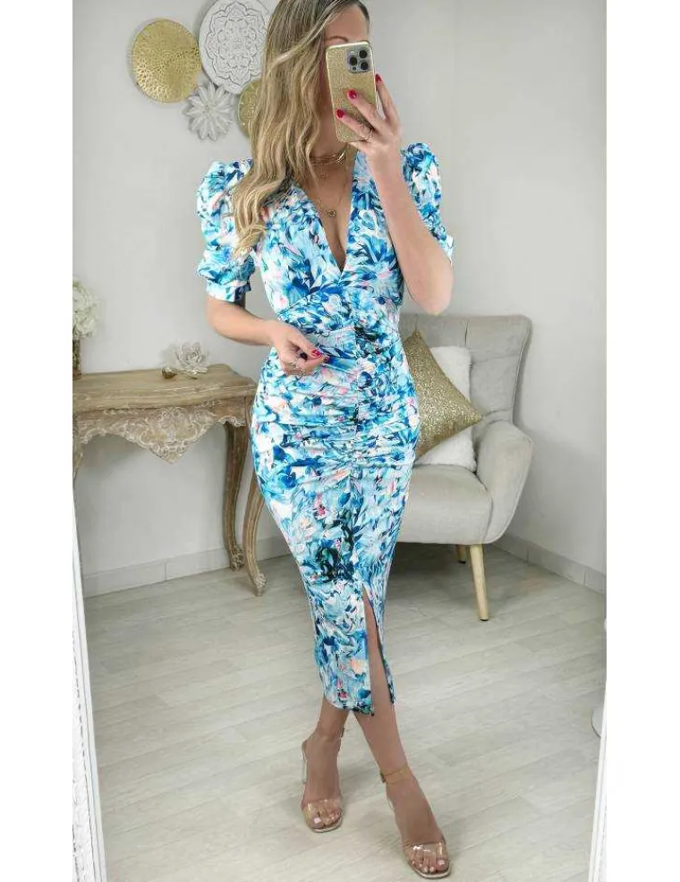 robe_style_lycra_motifs_b_1.webp My Look Féminin robe style lycra motifs bleus froncée & fendue Online