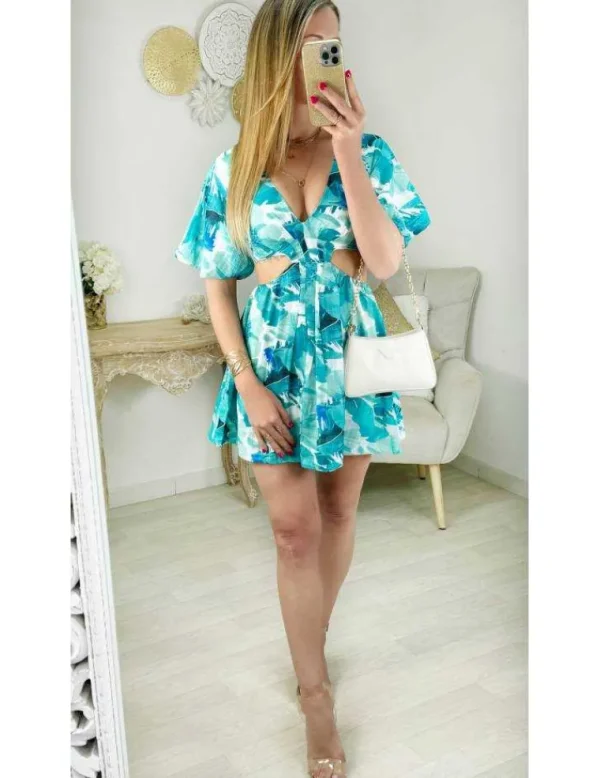 My Look Féminin robe verte & bleue taille ajourée Best