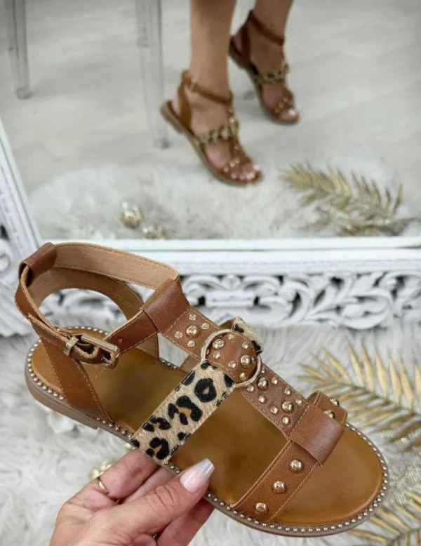 My Look Féminin sandales style cuir camel clous & léo Outlet