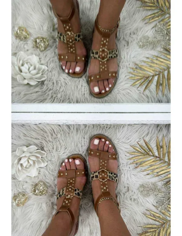 My Look Féminin sandales style cuir camel clous & léo Outlet