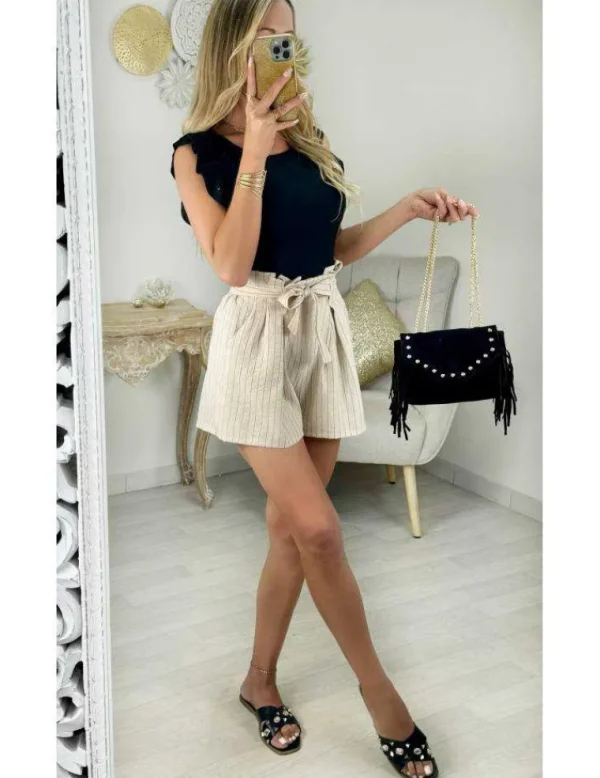 My Look Féminin short beige style lin rayé & sa ceinture Sale