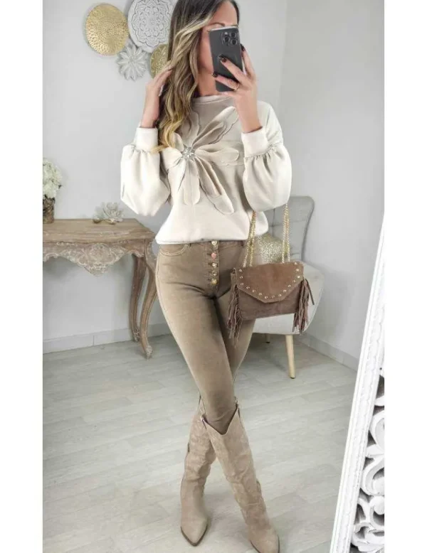 My Look Féminin Sweat beige "fleur texturé" Hot