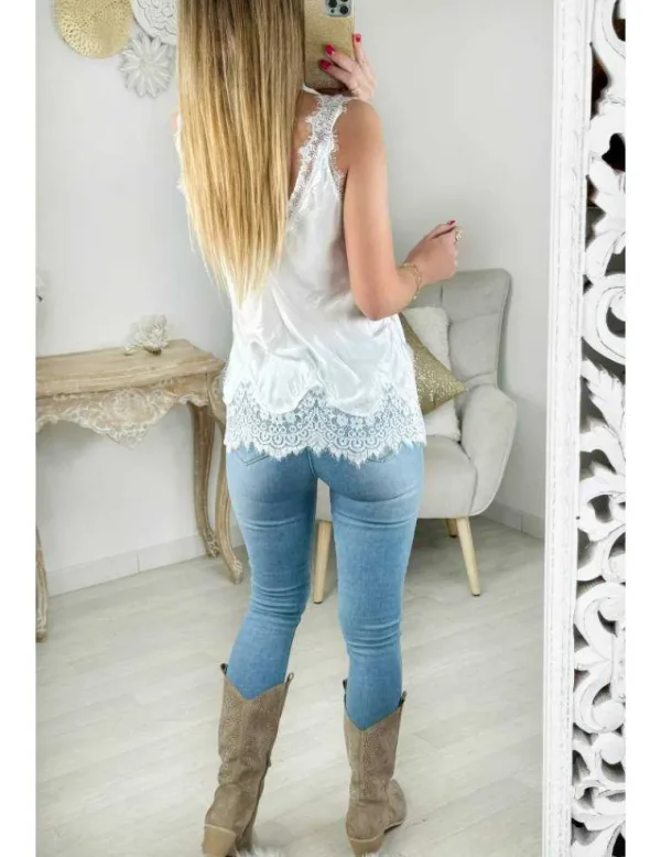 My Look Féminin top blanc satiné col dentelle Best