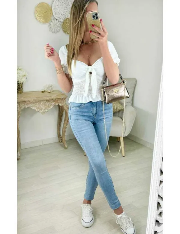 My Look Féminin top blanc smocké & noué Clearance