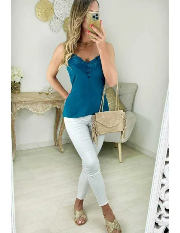My Look Féminin top col dentelle bleu canard Sale