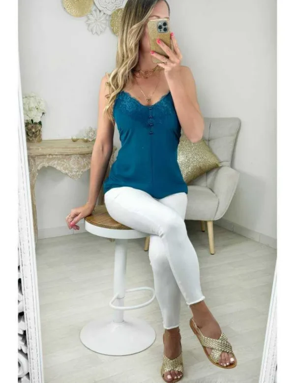 My Look Féminin top col dentelle bleu canard Sale