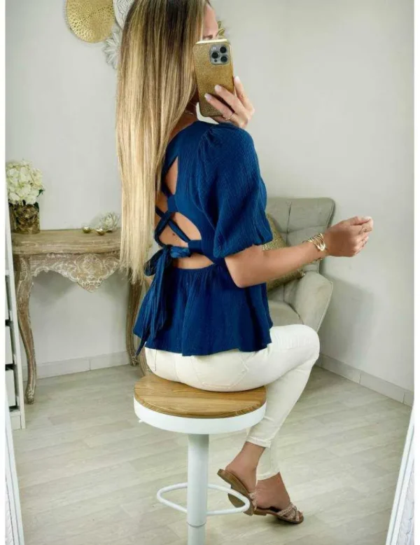 My Look Féminin top gaze de coton bleu marine dos lacé Best